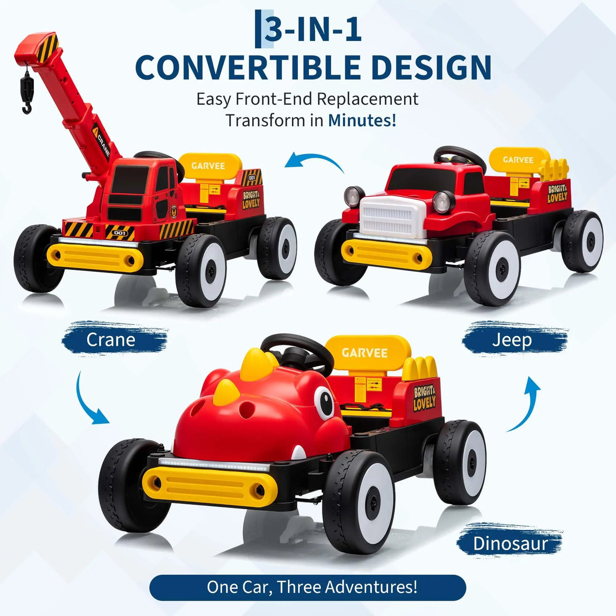 3 In 1 Kids Electric Ride On Car With Parent Remote, Off Road Crane Dinosaur Fronts, Led Lights, Music, 2 Speeds