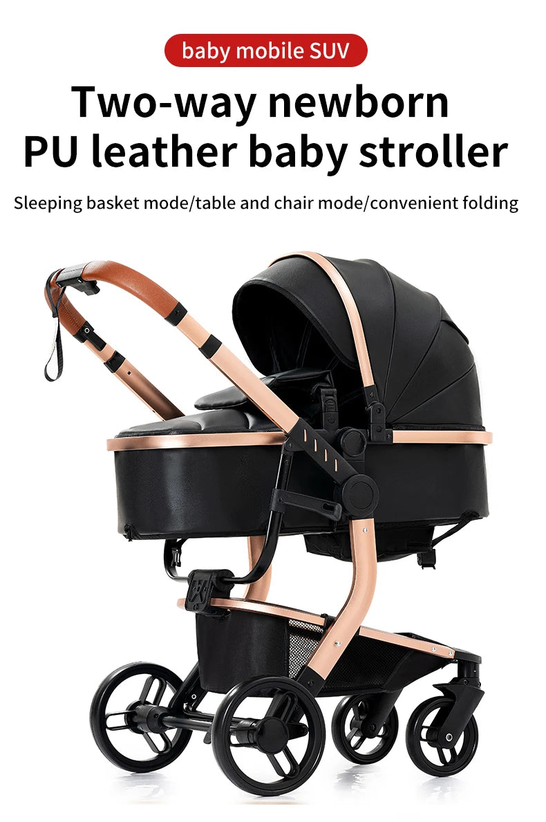 PU Leather Baby Stroller 2 in 1 Newborns Travel System Carriage Luxury Compact Baby Cars Pram without Car Seat Watertight Buggy