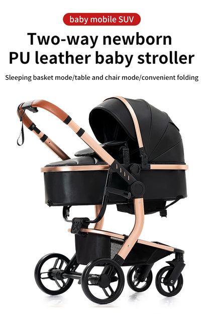 PU Leather Baby Stroller 2 in 1 Newborns Travel System Carriage Luxury Compact Baby Cars Pram without Car Seat Watertight Buggy