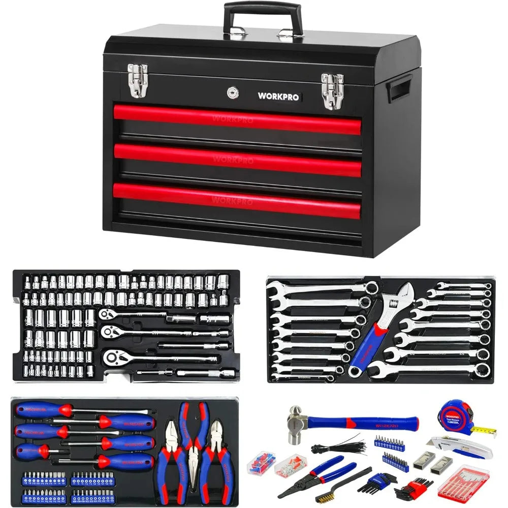 Complete 408-Piece Home Repair Tool Set with 3-Drawer Metal Storage Box and Essential Hand Tools