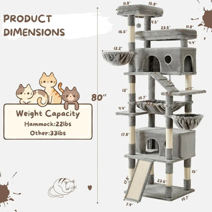 Large 80-Inch Cat Tower with Multiple Scratching Posts, Perches, Caves, Baskets, Stairs, Hammock, and Pompoms for Cats