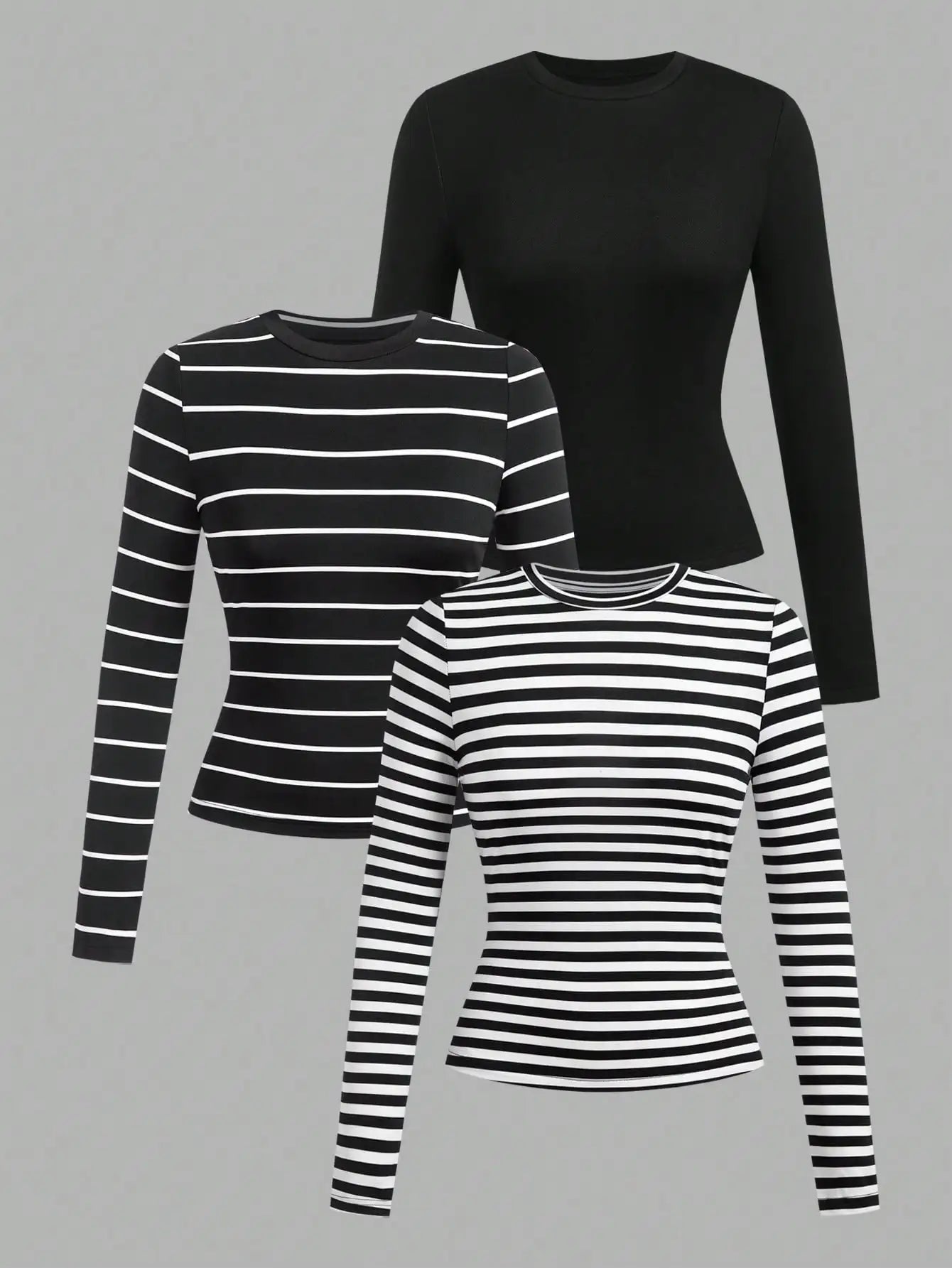 3-Pack Women's Long Sleeve Striped & Solid Round Neck Tees - Slim Fit Fall Tops