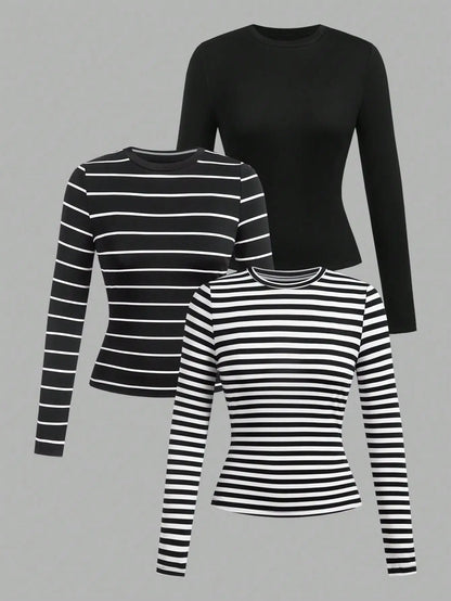 3-Pack Women's Long Sleeve Striped & Solid Round Neck Tees - Slim Fit Fall Tops