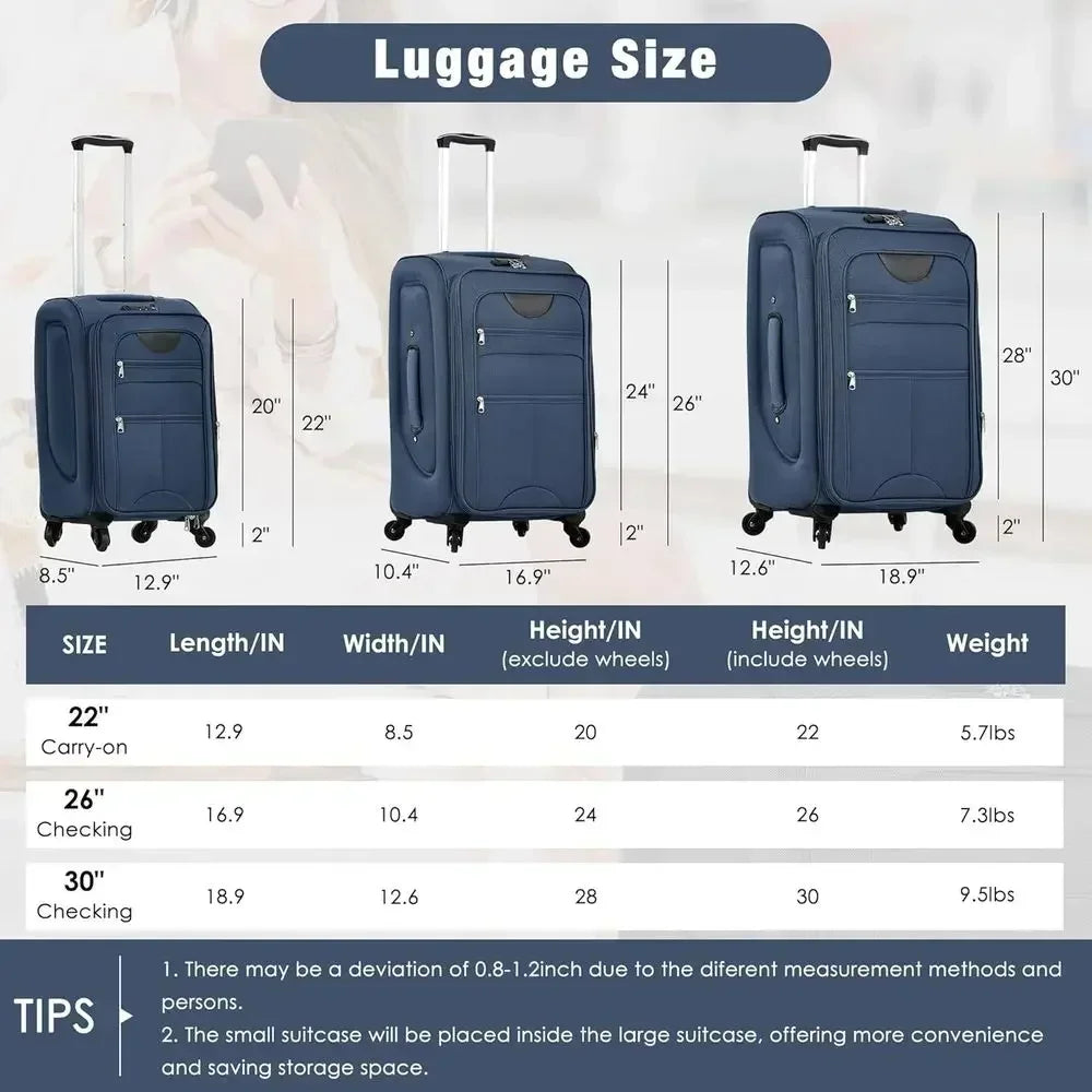 3-Piece Expandable Spinner Luggage Set, 22 26 30, Deep Blue