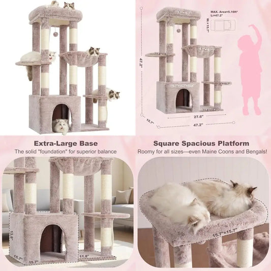 Heybly Heavy Duty Cat Tree, Tower or Indoor Cats Large Adult, Tall Cat Condo House with Extra-Large Baseboard, Multi-Level Plush
