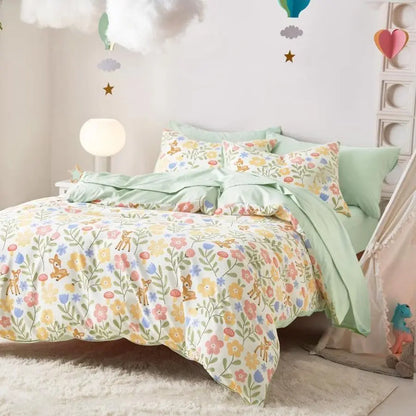 Floral Bedding Set for Girls, Cute Colorful Botanical Flowers Deers Patterned Soft Lightweight Comforter Set with Sheets, 5 Piec