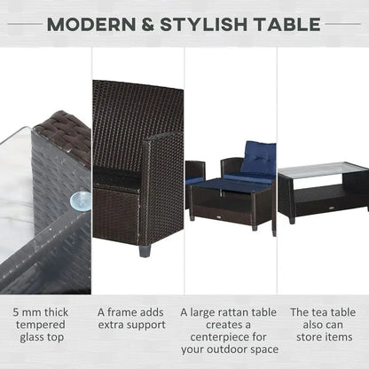 Blue 4-Piece Outdoor Patio Furniture Set with Cushions, PE Rattan Wicker, Ideal for Garden, Poolside, Deck