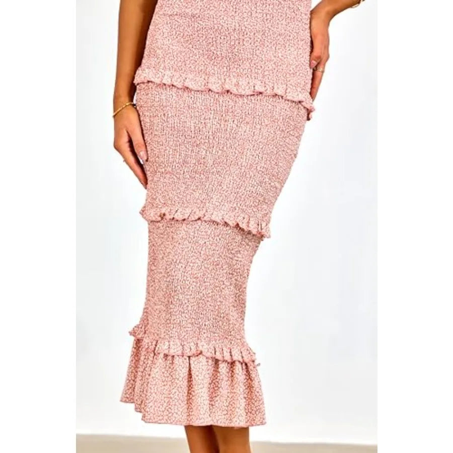 Women Summer Casual Floral Midi Smocked Bodycon Dresses Spaghetti Strap Square Neck Ruffle Mermaid Prom Dress