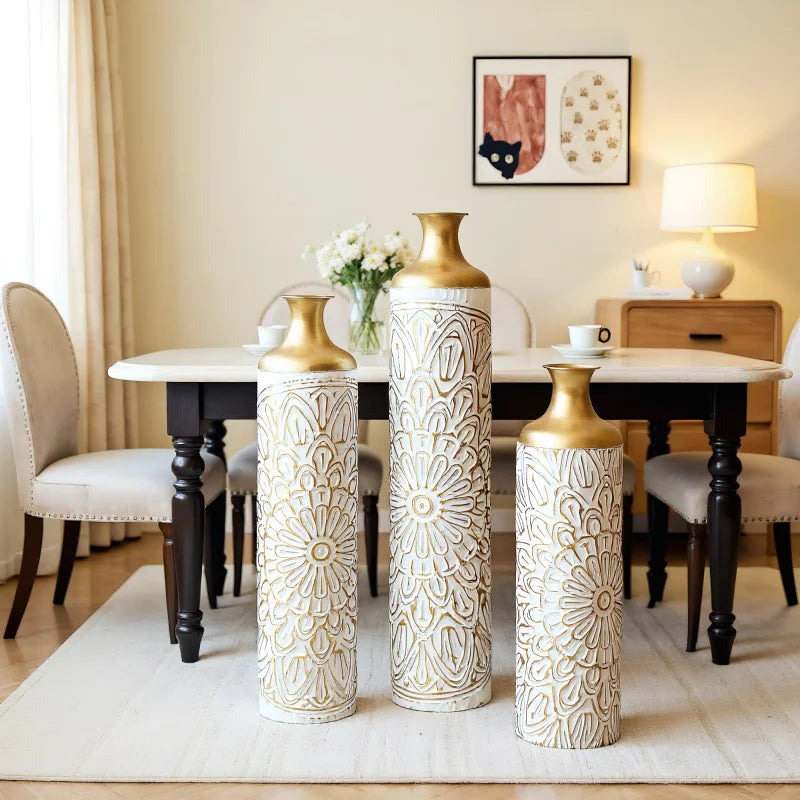 Modern Style 3-Piece Metal Vase Home Decoration Set Glazed White With Droplet Shape Large Floor Size Elegant Home Decor USA