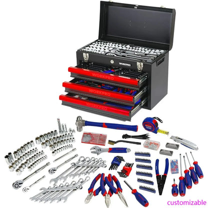Complete 408-Piece Home Repair Tool Set with 3-Drawer Metal Storage Box and Essential Hand Tools