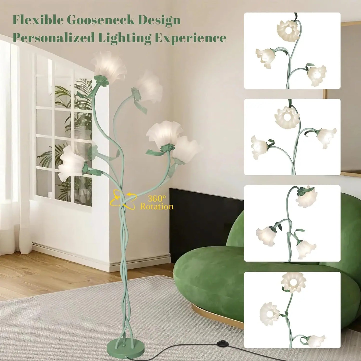 Cute Flower Standing Lamp with Flexible Gooseneck, 3-Temperature LED Floor Lamp for Bedroom or Living Room (Green)