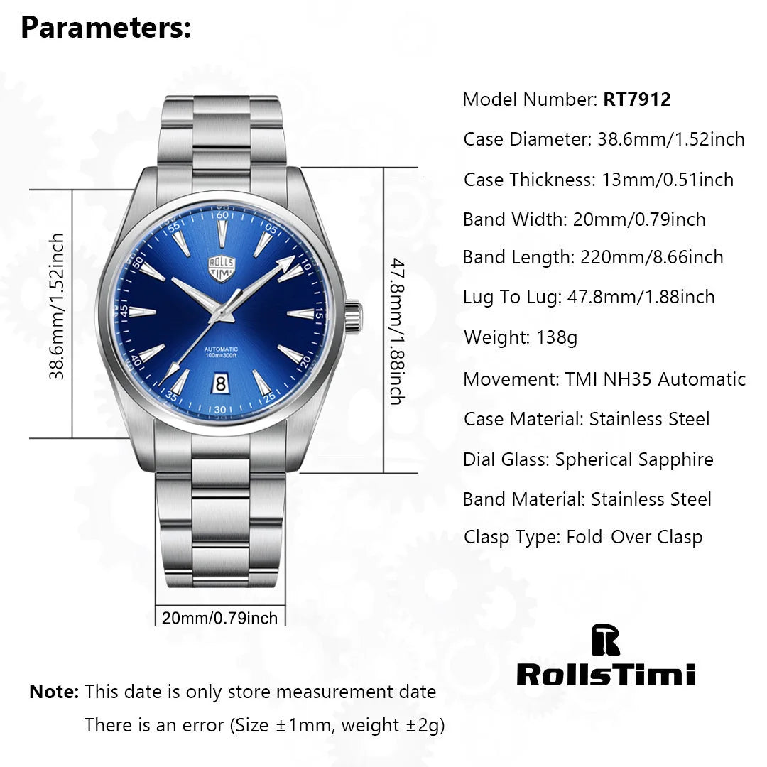 2025 New Rollstimi Men's Watches Luxury Automatic Watch For Men AR Sapphire crystal 100M Waterproof Mechanical Wristwatch Men