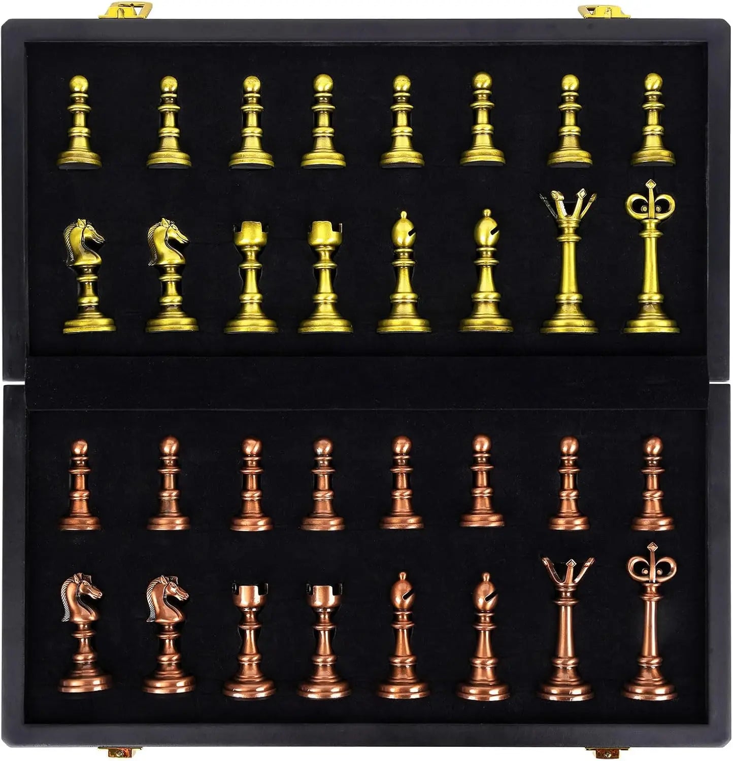 Vintage Metal Chess Set, 15' Wooden Board with Retro Chess Pieces – Travel Friendly Collectible Game for Adults & Kids