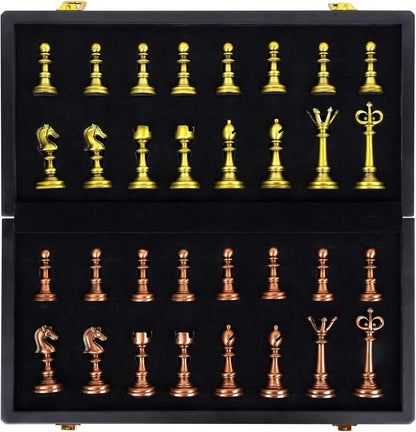 Vintage Metal Chess Set, 15' Wooden Board with Retro Chess Pieces – Travel Friendly Collectible Game for Adults & Kids