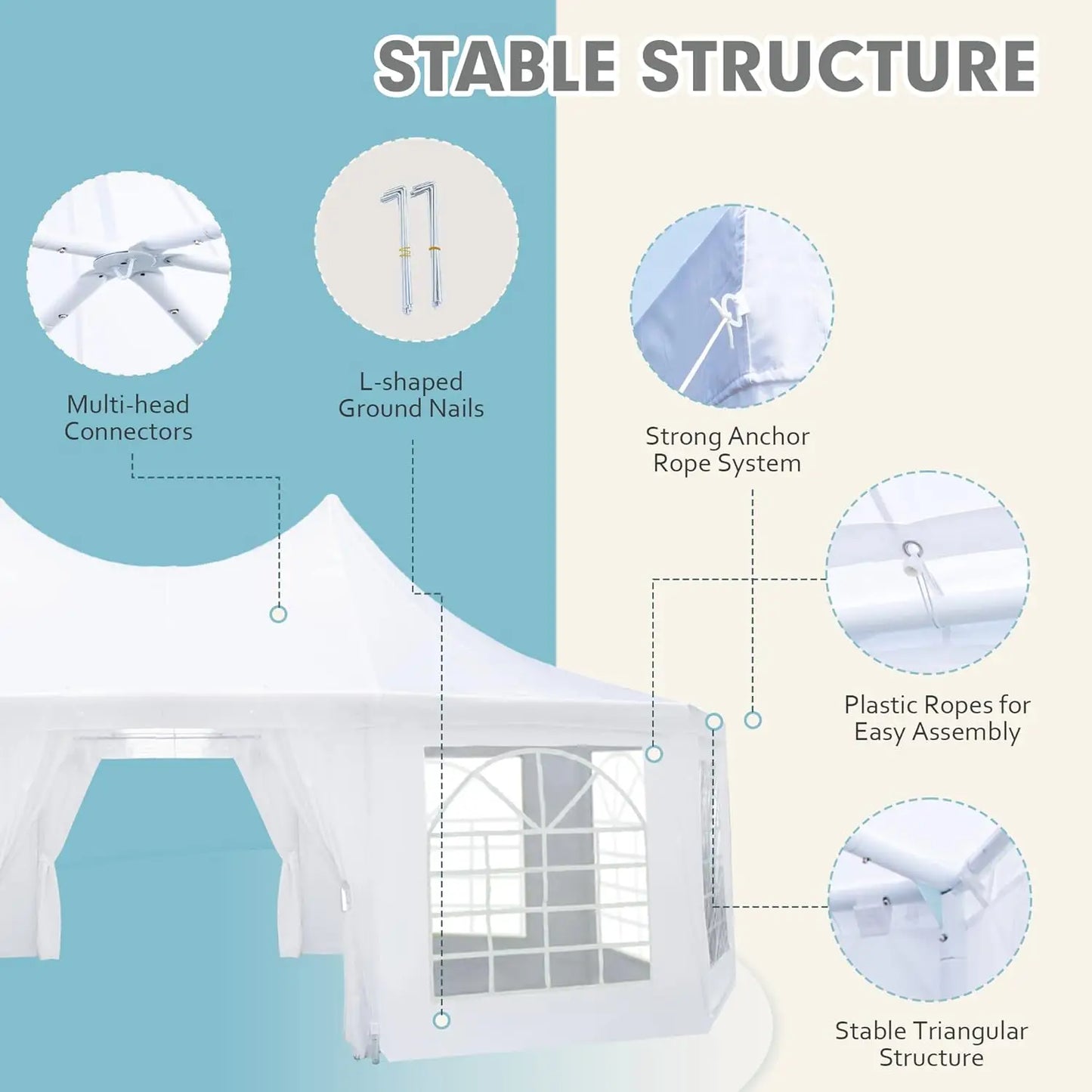 26x19ft Party Tent, White Wedding Tent, Decagonal Heavy Duty Canopy with 8 Removable Sidewalls, 8 Church Windows