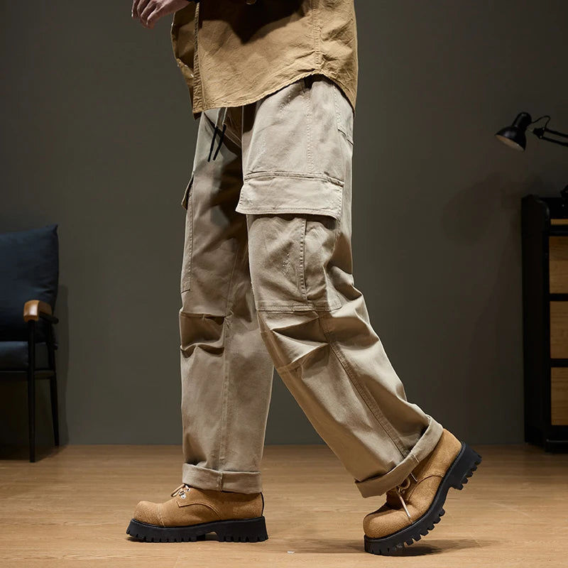 Men's Baggy Cargo Pants with Pockets 100% Cotton Drawstring Elastic Waist Wide Leg Outdoor Casual Pants Plus Size 8XL