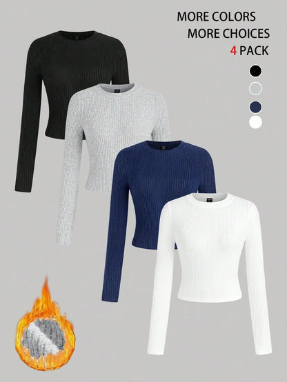 4-Pack Women's Solid Color Round Neck Long Sleeve Crop Tops, Casual Fall/Winter Tees