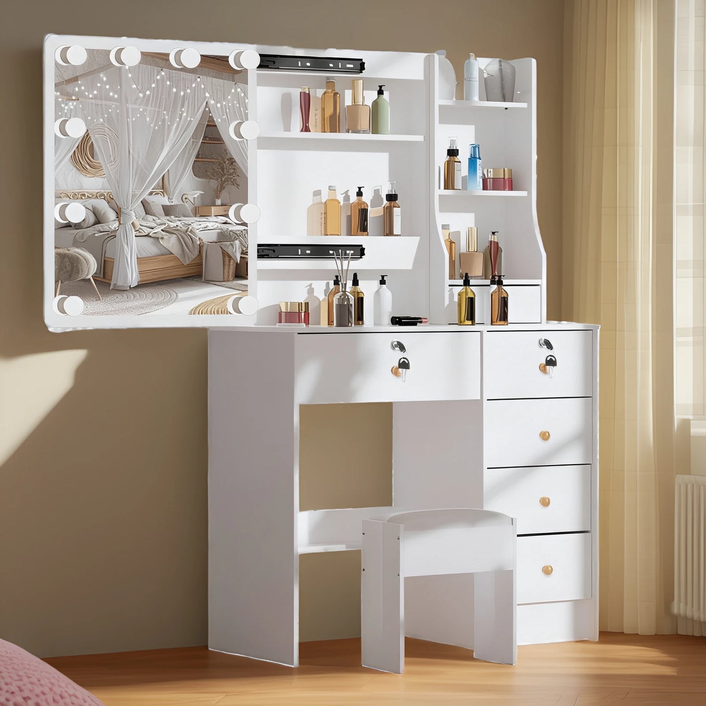 White LED Dressing Makeup Table Bedroom Vanity Set with LED Mirror Stool Drawers