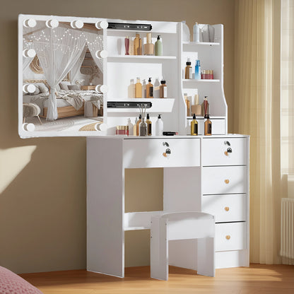 White LED Dressing Makeup Table Bedroom Vanity Set with LED Mirror Stool Drawers