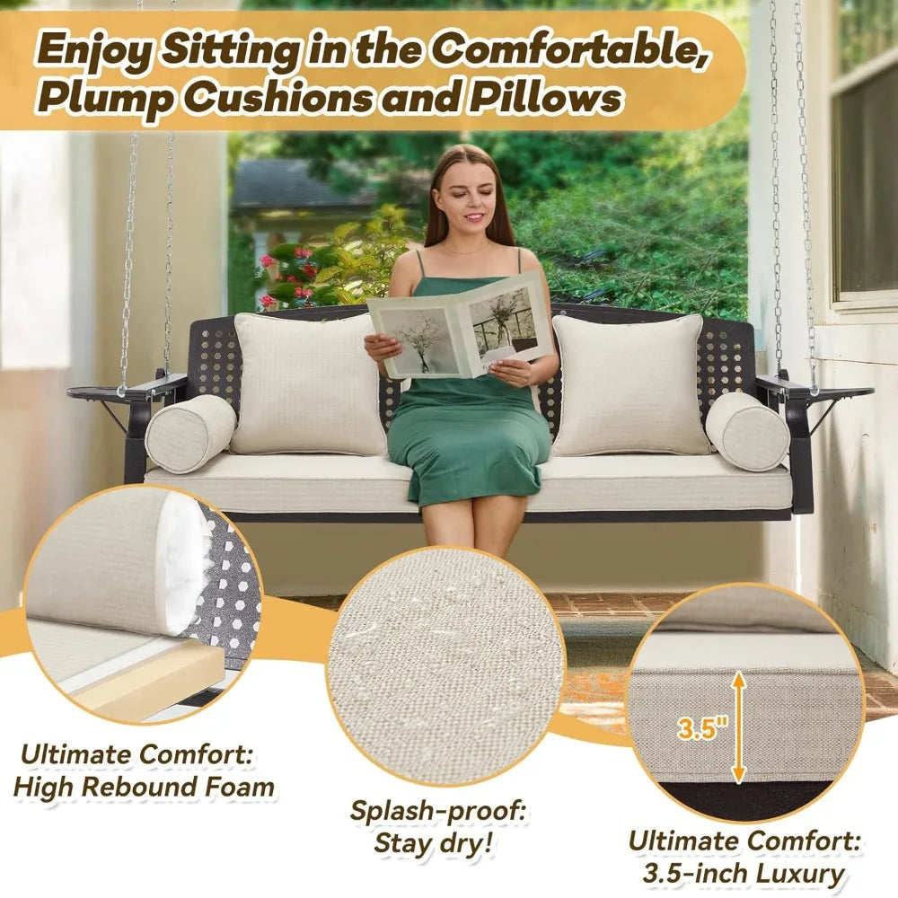 Three Porch Swing Chairs, A Terrace Swing Bench with Cup Holders and Three Cushions, with Chains