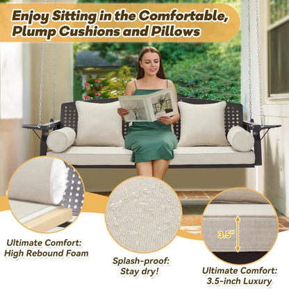 Three Porch Swing Chairs, A Terrace Swing Bench with Cup Holders and Three Cushions, with Chains