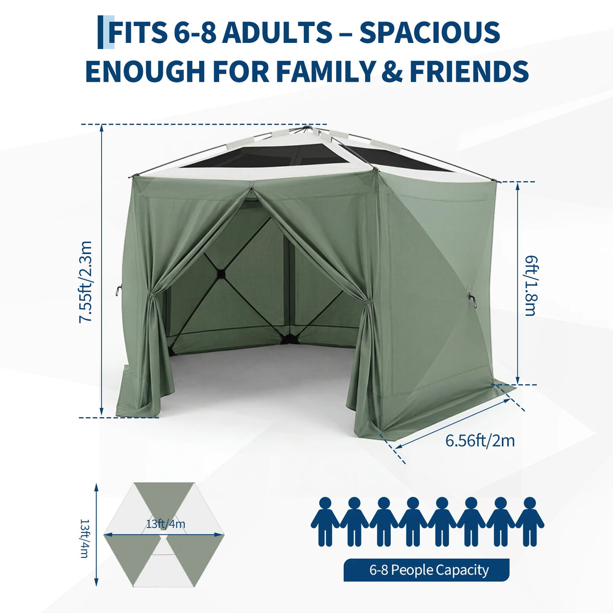 Starry Sky Shed Outdoor Tent with Eaves Hexagonal 13x13FT with 6-sided Screen Khaki/Green 210D Oxford Cloth Large Folding Canopy Screen Tent Ind Cloth, Bite-Proof Mesh, Carry Bag, Easy Setup Outdoor Shelter for Patio, Backyar
