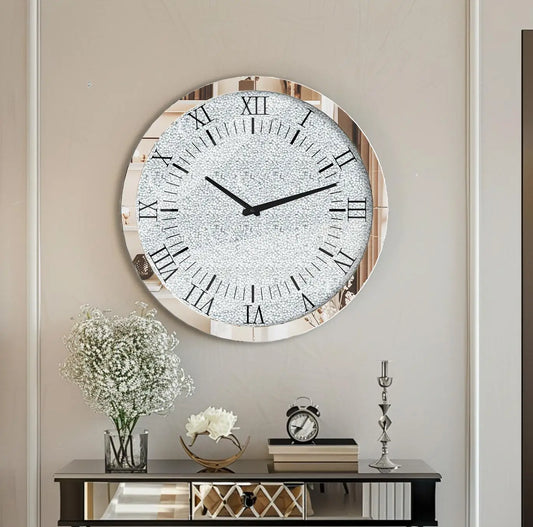 Crystal Crushed Diamond Mirrored Round Wall Clock for Wall Decoration Silver Glass Mirror Clock Sparkle Twinkle Bling Home Decor