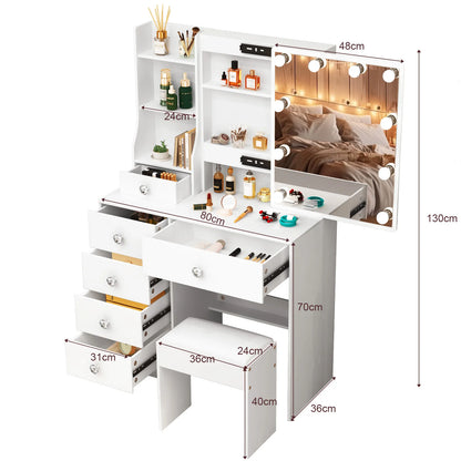 【11.11 Deals, Black Friday Deals 2025】Dressing Table Mirror Drawers Vanity Makeup Desk Stool Set With LED Lights White + Stool