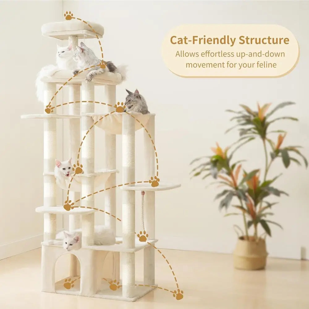 71 High Maine Coon Cat Tower with Large Base, Multi-Level Perches, 2 Hammocks & 12 Scratching Posts, Beige