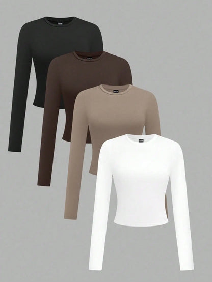 4-Pack Women's Solid Color Round Neck Long Sleeve Crop Tops, Casual Fall/Winter Tees