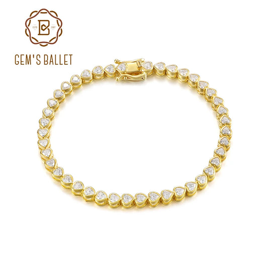 GEM'S BALLET Heart Shape 3x3mm Moissanite Bezel Set Tennis Bracelet 925 Sterling Silver 14K Gold Stackable Bracelet Gift for Her