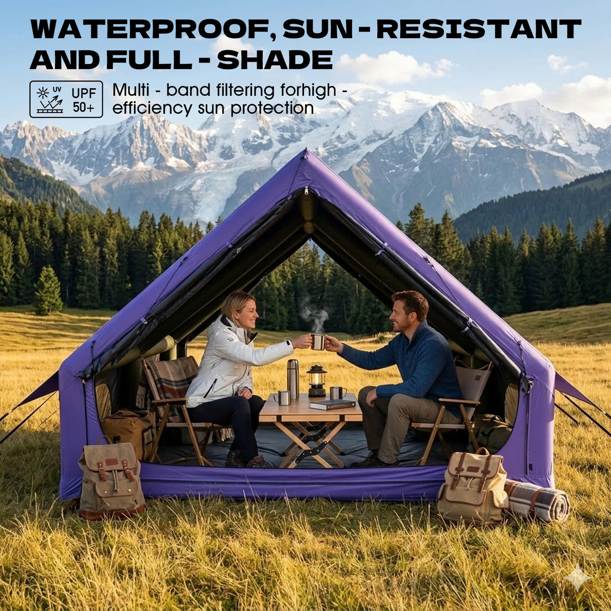 129 Square Feet Purple Inflatable Tent with Hand Pump for Camping,4 Season Sunproof Black Vinyl Blow up Tent with AC Vent