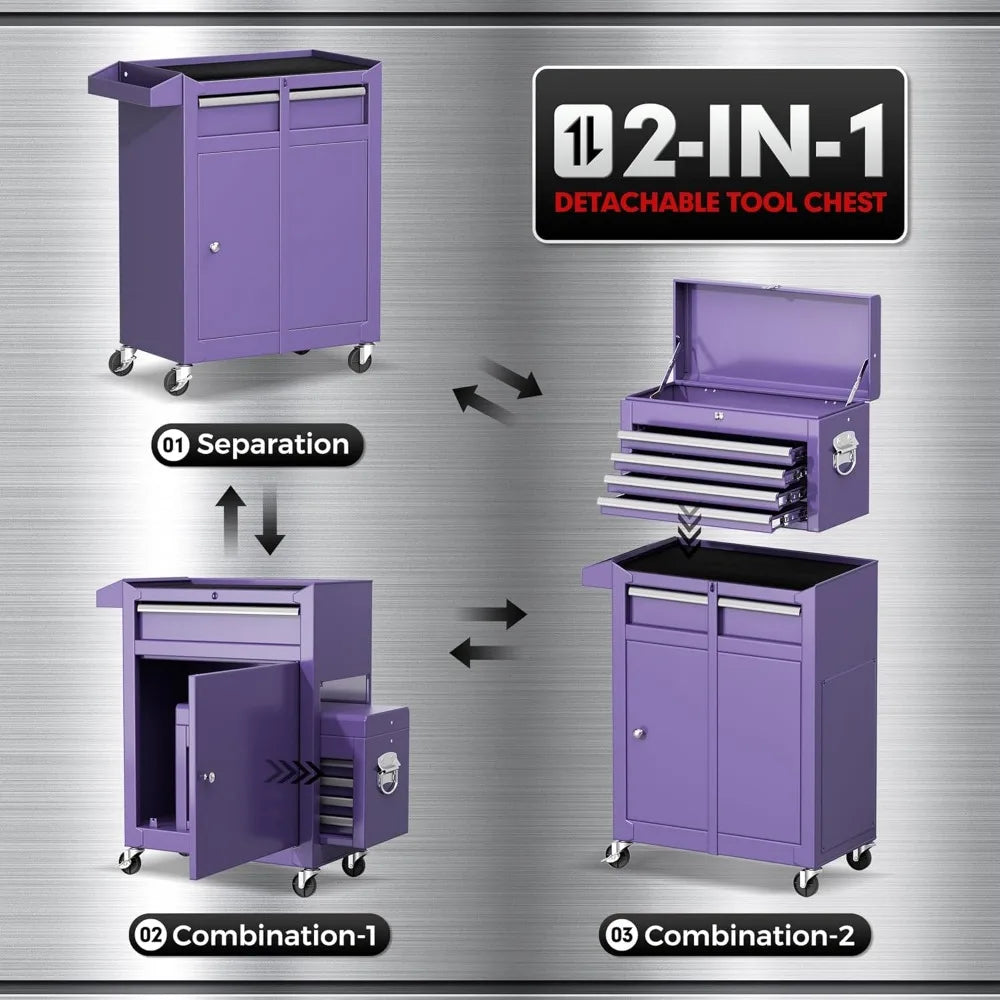 Rolling Tool Chest - Heavy-Duty Steel Tool Cabinet with Detachable Top Box, Locking Wheels & Security System for Garage