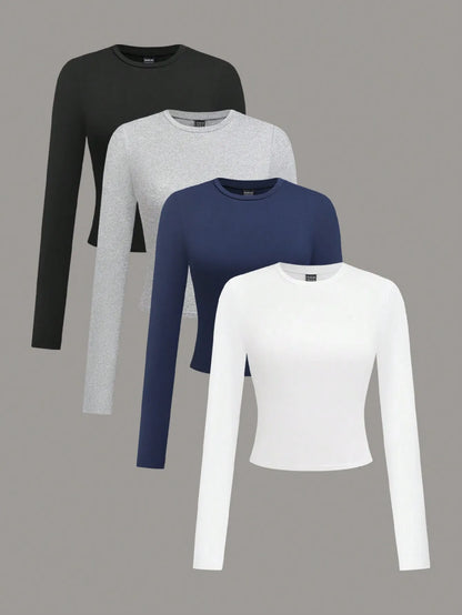4-Pack Women's Solid Color Round Neck Long Sleeve Crop Tops, Casual Fall/Winter Tees