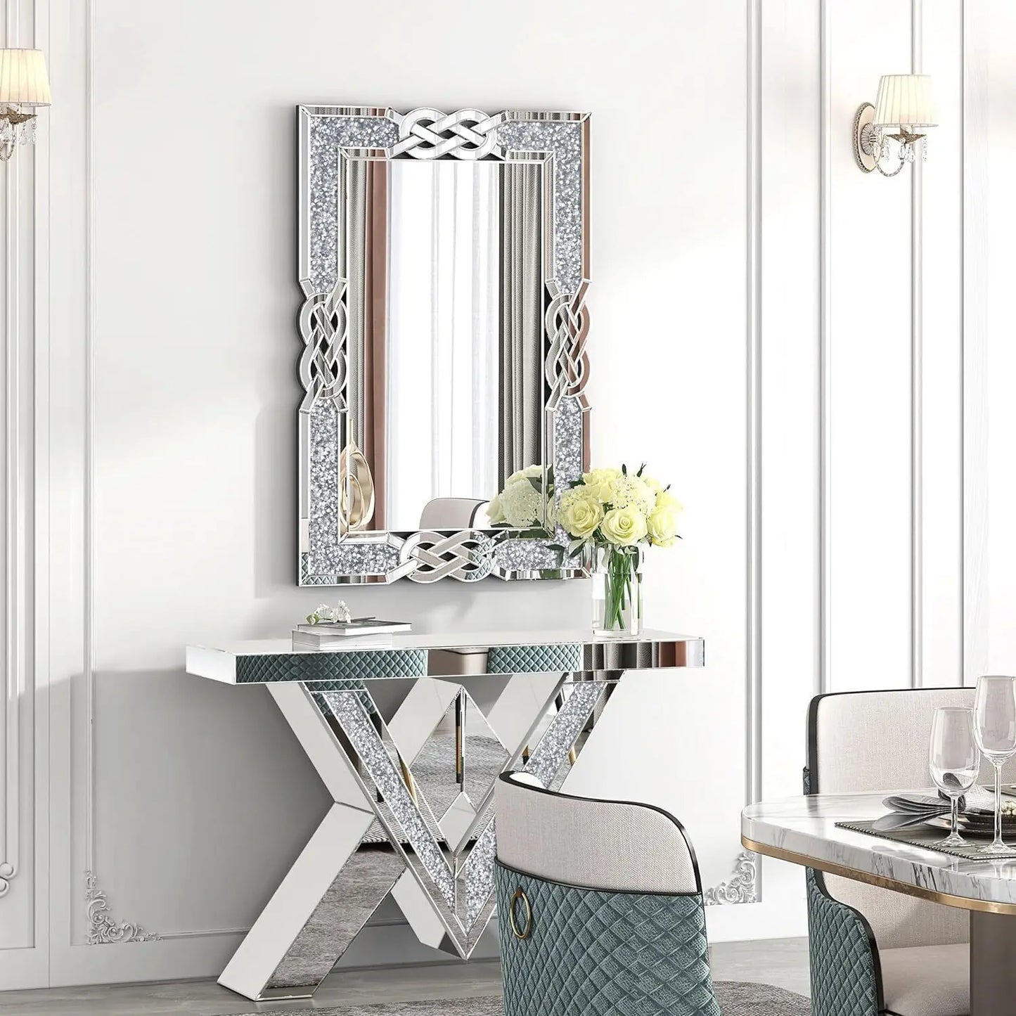 XL Large Crystal Crush Diamond Mirror Vanity Silver Decorative Wall Hang Mirror