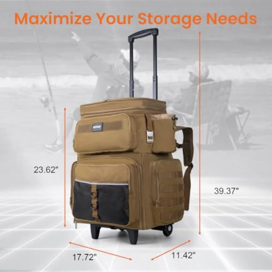 66L Rolling Tackle Box with Cooler Large Fishing Bag with Wheels for 5 3700 Trays Trays Not Included Saltwater Resistant Tackle