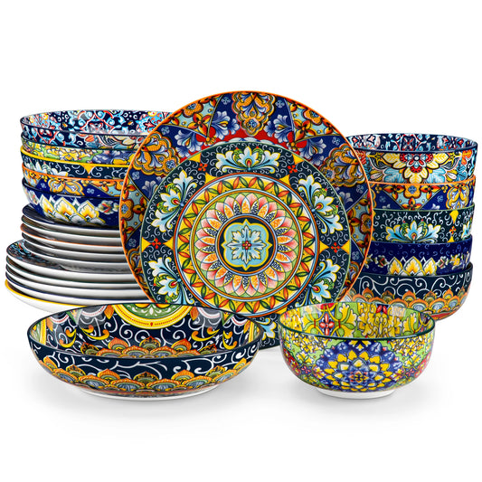 Vancasso 24 Piece Dinnerware Sets Bohemian Style Porcelain Ceramic Plates Set with 6PCS Dinner Plate/Dessert Plate/Soup/Bowl