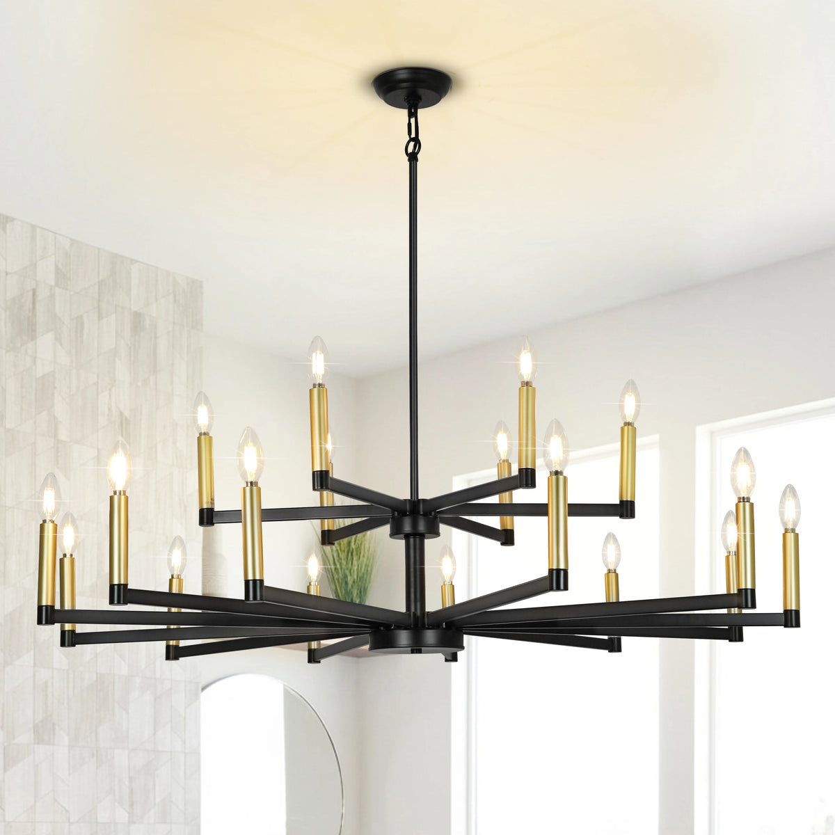 Candle Chandeliers for Dining Room 2-Tiered 18 Light Black and Gold Chandelier Farmhouse Chandelier Height Adjustable