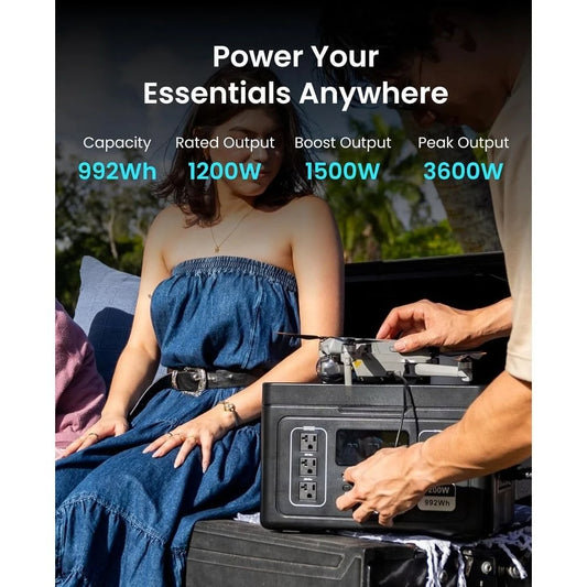Portable 1200W Power Station, 992Wh LFP Battery, 3 AC Outlets, 140W USB-C, Solar-Ready, Camping, RV, Home Backup, Customized