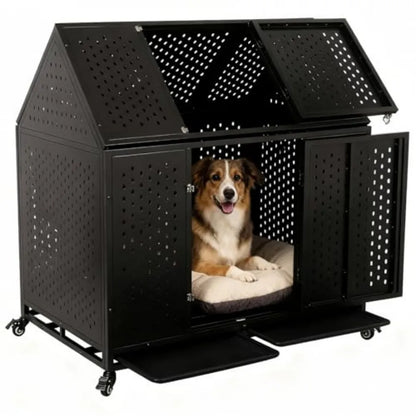 44 Inch Heavy Duty Indestructible Dog Crate Steel Escape Proof Chew Proof Cage Indoor Double Door Kennel for High Anxiety Large