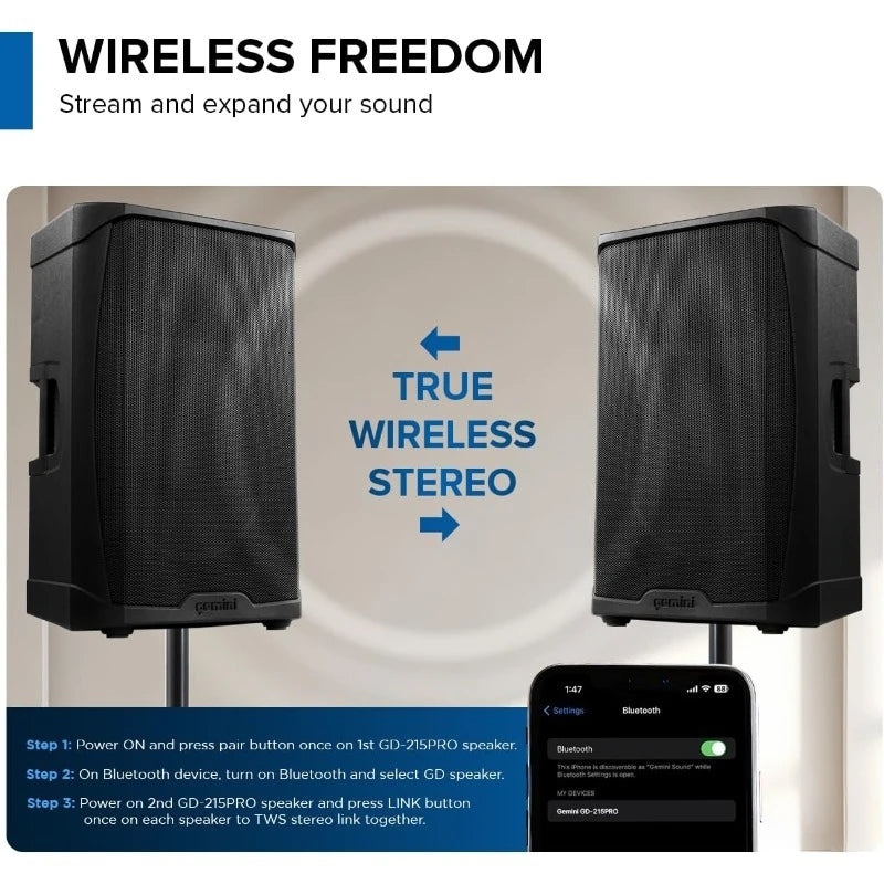 GD-215PRO: 1300W Bluetooth DJ PA Speaker with 15” Woofer, 3-Channel Mixer, TWS Link & EQ – Professional Sound for DJs, Li