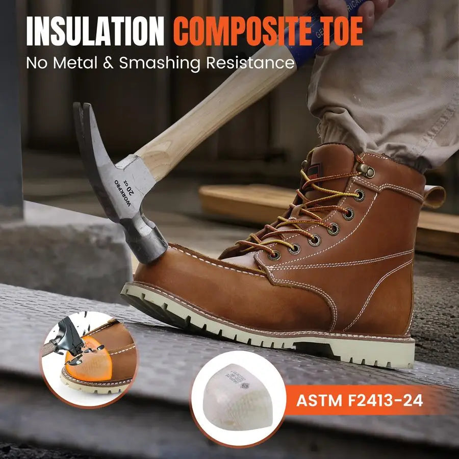 Mens Composite Toe Work Boots, NonSlip Safety Shoes, WaterResistant Leather Construction Boots
