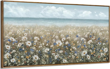 Large Framed Coastal Floral Canvas Wall Art for Living Room, Farmhouse Decor, 48x24 Inches
