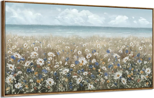Large Framed Coastal Floral Canvas Wall Art for Living Room, Farmhouse Decor, 48x24 Inches