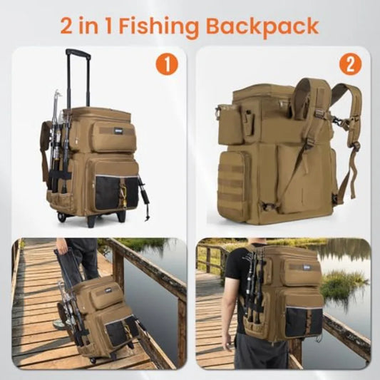 66L Rolling Tackle Box with Cooler Khaki Large Fishing Bag with Wheels for 5 3700 Trays Trays Not Included Saltwater Resistant