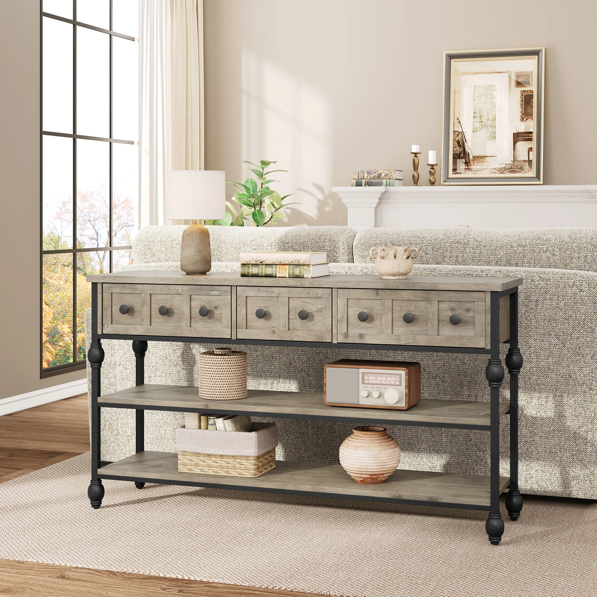 52.5 in Long Console Tables for Entryway with 3 Drawers, 3-Tier Industrial Metal Frame Sofa Table with Roman Column Legs for Hallway, Living Room, Foyer