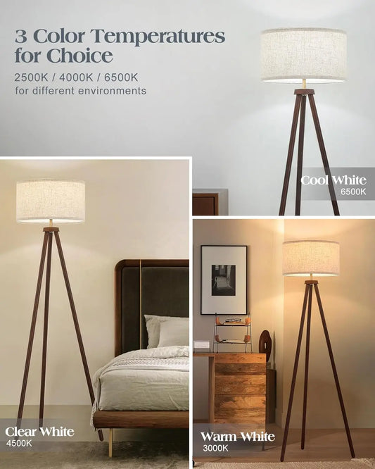 Wood Tripod Floor Lamp with 3 Color Temperatures, Beige Linen Shade & Shelf – LED Included for Living Room, Bedroom, Office