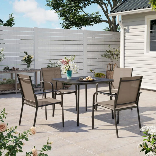 5 Pieces Outdoor Dining Set, Patio Furniture Set of 4 Textilene Chairs with Square Metal Slatted Table with Umbrel