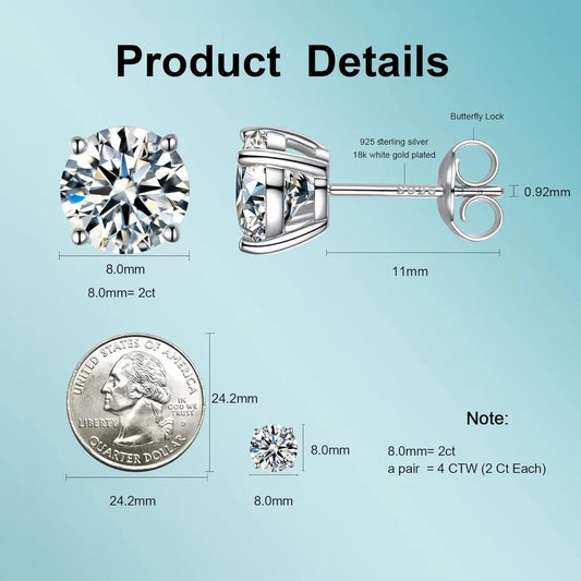 Lab Created Moissanite Round Stud Earrings D Color VVS1 Clarity 18K White Gold Plated Sterling Silver Long-lasting Elegance