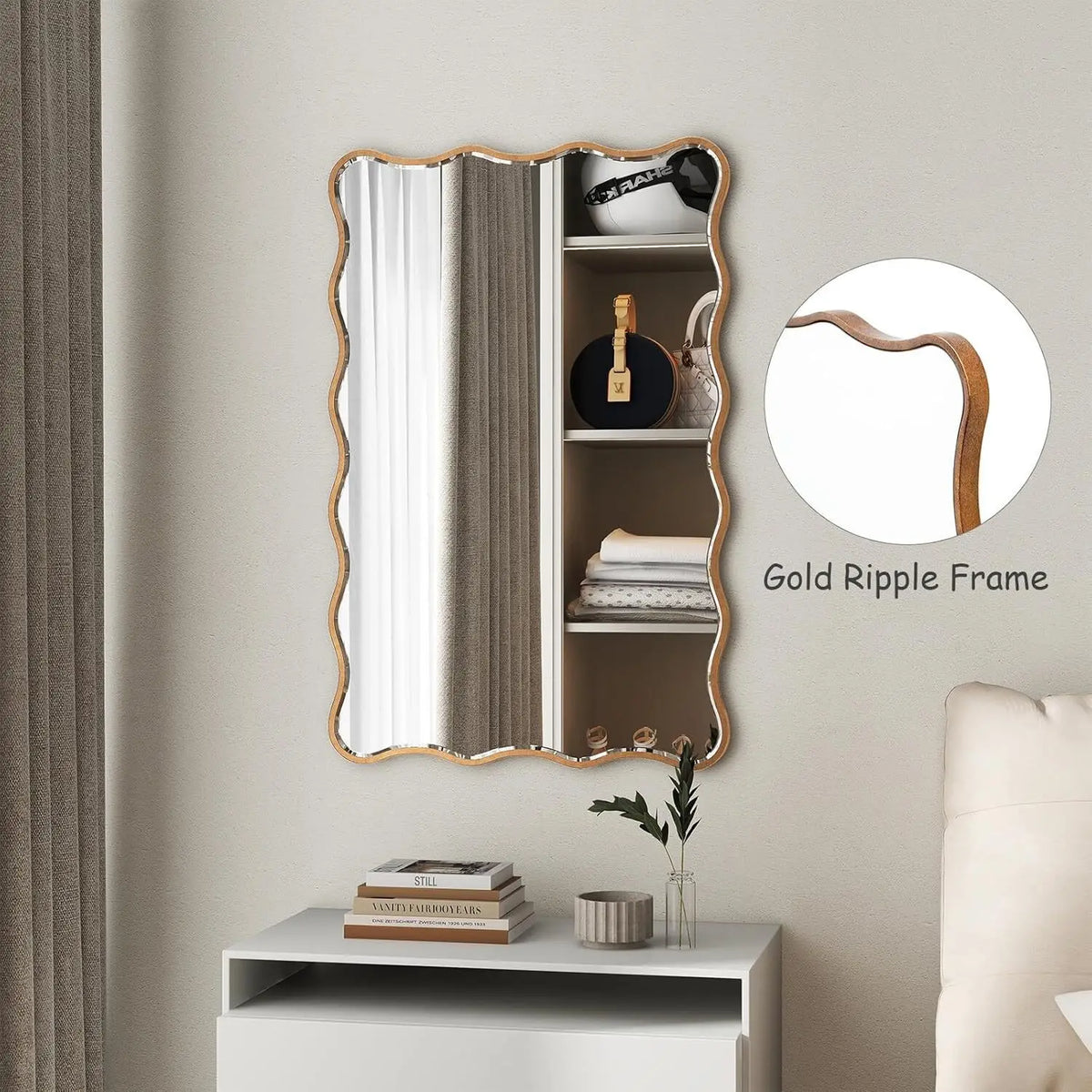SHYFOY 20x30” Wall Mirror Decorative, Antique Mirror Gold Wavy Irregular Mirror